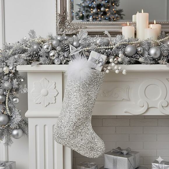 Rachel Zoe Christmas Stocking Stuffer Beaded Pearl Luxury Glam Shabby 19" EUC - Picture 1 of 10